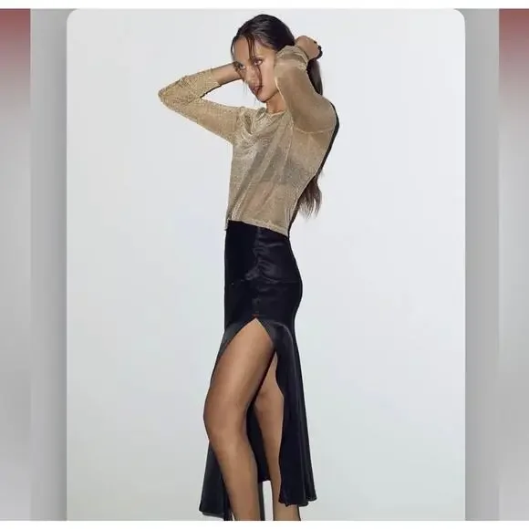 New Sophie Rue Anthropologie Manhattan Black Satin Maxi Skirt Slit Sexy Classy S